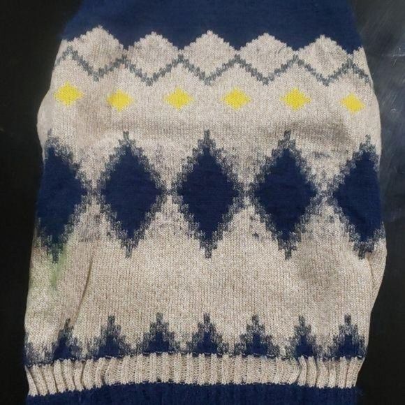 Knit blue tan yellow dog sweater diamond fuzzy - Picture 3 of 7